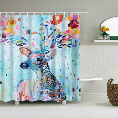 Colorful Deer Flower Shower Curtain Elk Forest Animal Bathroom Decor Bath Screen Blue Backdrop Waterproof Fabric Hooks Curtains