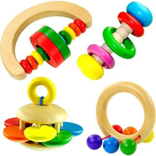 Wooden Toys Little Loud Bell Baby Ball Rattles Toys Develop Baby Intelligence Grasping Toy HandBell Rattle Toys For Baby/Infant