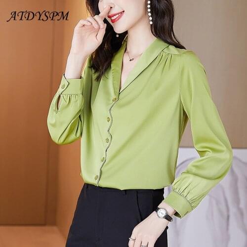 Elegant Women Shirts Office Lady OL Tops 2021 Autumn New Plus Size Women Satin Silk Blouse Female Casual Buttons Loose Clothing