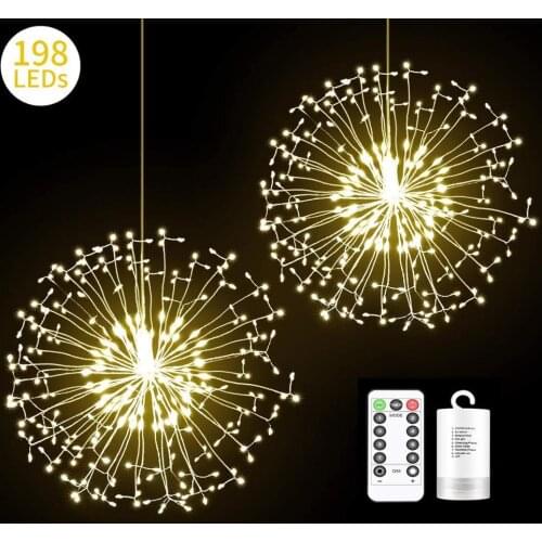 2 Pack Fireworks Lights 198 LEDCopper Wire Starburst String Lights 8 Modes Battery Operated Fairy Lights with Remote Contoller