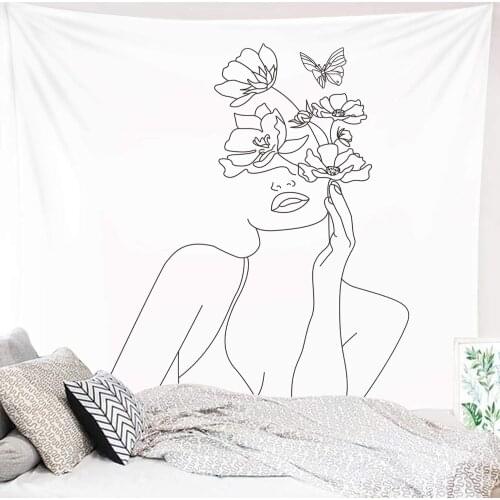 Art Line Aesthetic Tapestry Women with Flower Butterfly Wall Hanging Modern Creative Sketch Wall Decor for Dorm Bedroom Office