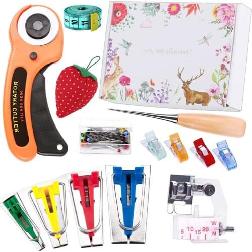 KAOBUY Fabric Bias Tape Makers Kit With Quilting Rotary Cutters, Sewing Awl, 4Sizes Binding Makers, Sewing Pins, Craft Clips