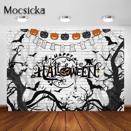 Mocsicka White Brick Wall Halloween Backdrop Black Tree Bats Halloween Trick or Treat Party Decor Child Portrait Background