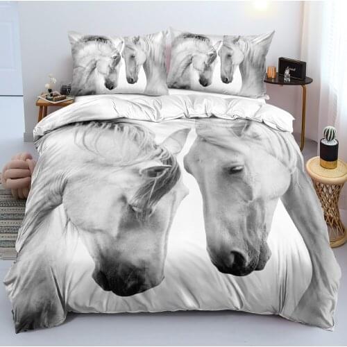 3D Duvet Covers Sets Comforter Cover Pillow Cases Set Single King Queen Double Single Size White Horse Custom Design Bedclothes