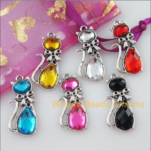 New 24Pcs Mixed Tibetan Silver Acrylic Plastic Cat Charms Pendants 12.5x29.5mm