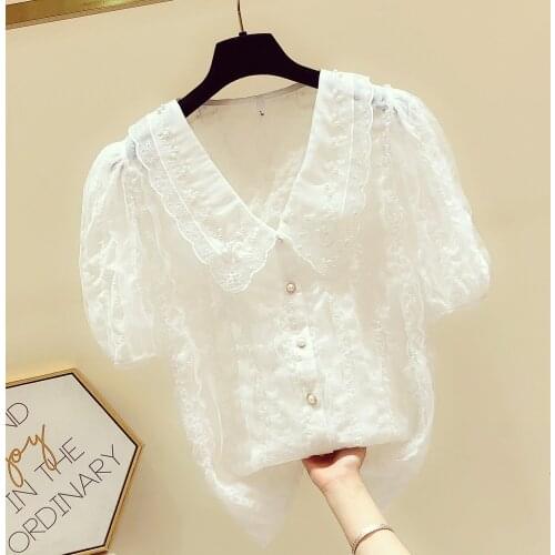 Solid Fashion Lace Women Shirts Summer New Design 2021 Turn-Down Collar Embroidery Slim Elegant Office Lady Outwear Tops