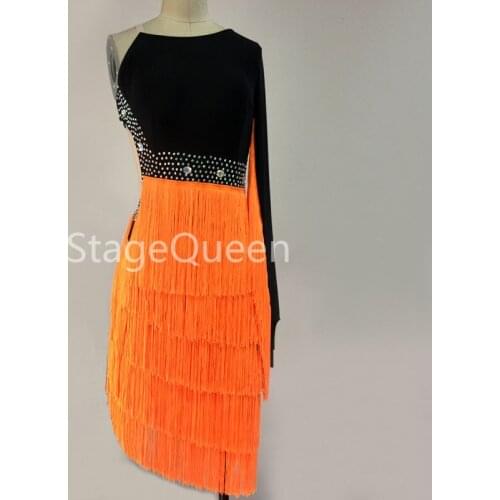 Orange Fringed Women Latin Dance Dress Sparkly Rhinestones Competition Performance Clothing Female Adult Rumba Salsa Dresses