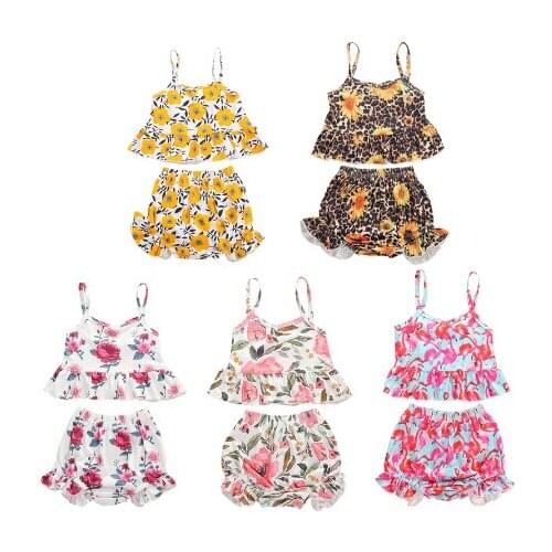 0-4Y Summer Holiday Infant Baby Girls Clothes Sets Flowers Print Ruffles Sleeveless Vest Tops+Shorts 2pcs