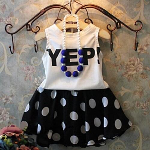 2-8 year girls clothes summer Two-piece letter printed sweatshirt T-shirt + wave dot Half-length skirt quality children clothing