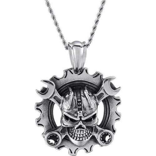 Stainless Steel Punk Rock Vintage Mechanics Skull Pendant Necklace Repairmans Wrench Necklaces Jewelry Gift For Him with Chain