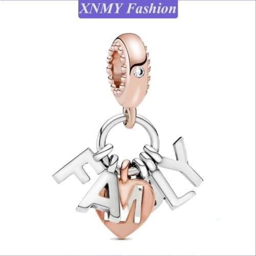 XNMY Fit Pandora Bracelet Charm Rose Gold Color Original Family Letters Dangle Charm Pendant DIY Jewelry Berloque