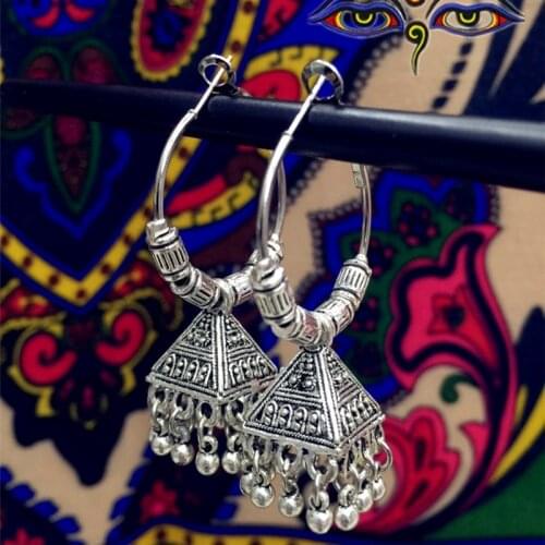 LosoDo Indian Tribal Handmade Old Vintage Hoop Earrings Ancient Silver Circle Conical Tassels Earring of Saudi Egyptian Woman