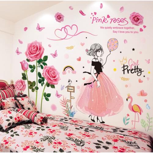 [shijuekongjian] Pink Roses Flowers Wall Stickers DIY Cartoon Girl Wall Decals for Kids Bedroom Living Room Wedding Decoration