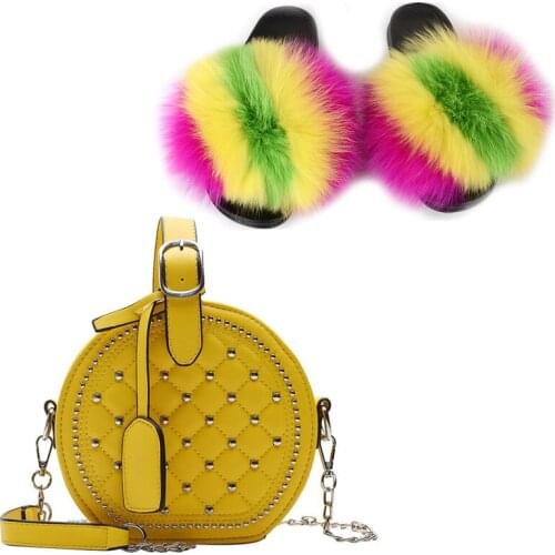 Womens Summer Furry Slippers PU Round Rivet Handbag Ladies Fox Fur Slides Crossbody Bag Shoes Sets Female Plush Sandals Purses