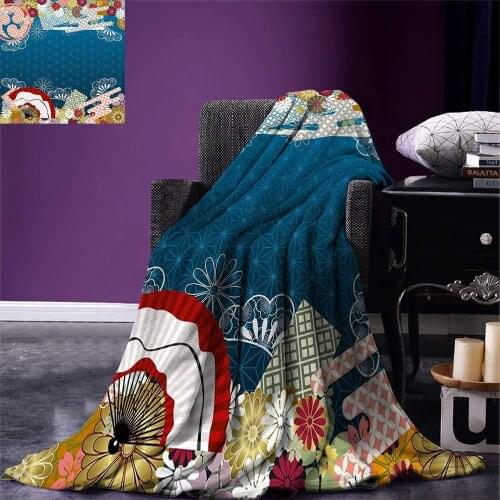 Modern Throw Blanket Japanese Contemporary Asian Artful with Flowers Hand Fans on Blue Backdrop Print Warm Microfiber Blanket