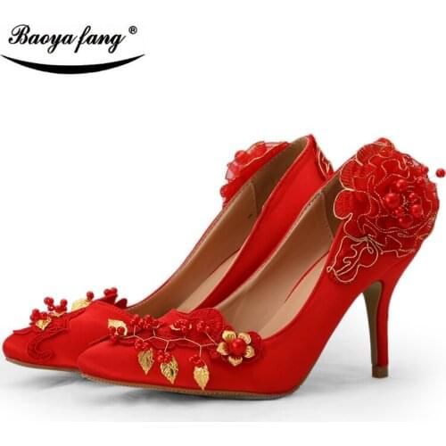 BaoYaFang Red pointed toe womens Wedding shoes Bride 8cm Med heel party dress shoes ladies Pumps gold leaves red flower shoe