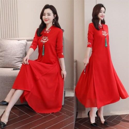 2021 Spring Autumn Trendy Fashion Temperament Mid-length Stand-up Collar Mid-waist Dress Chinese Style Cheongsam Wedding Robe