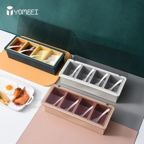 YOMEEI 4 Grids Spice Jar Pepper Salt Seasoning Pot Set Household Seasoning Bottle Lattice Spice Storage Container Storage