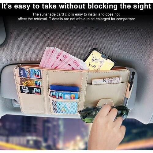 Sunshade Clip Organizer Pocket Car Sun Visor Leather Universal Storage Bags Pen Clip Stowing Tidying With Zipper Multifunctional