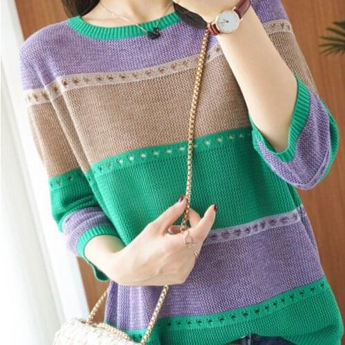 Womens new 7 / 3 sleeve T-shirt Korean round neck loose contrast stripe hollow out shirt thin bottomed shirt