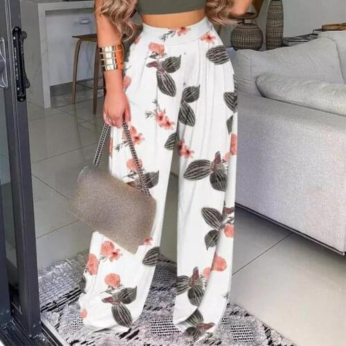 2021 Temperament Women Pants Flower Print Straight Leg Skin-friendly Summer Autumn Loose Elastic Waist Yoga Pants for Sports