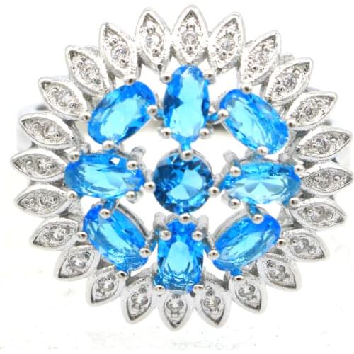 32x25mm Super Big European Design 11g Ceated Paris Blue Topaz Birthday Gift Ladies Dating 925 Sterling Silver Rings Eye Catching