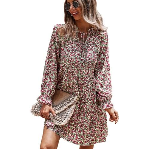 Casual Long Sleeve Floral Print Mini Dress Autumn Fashion V-neck Lace Up Dresses For Women 2021 Pink Ruffles Loose Robe Femme