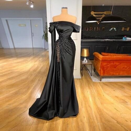 Elegant Black Off The Shoulder Evening Dresses Beaded One Long Sleeve Sexy High Split Mermaid Prom Gowns Robe De Soiree 2022