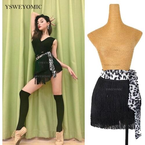 2020 New Style Leopard Black Latin Dance Wear Short Tassels Practice Latin Salsa Bachata Women Girls Dance Dress Dance Skirt
