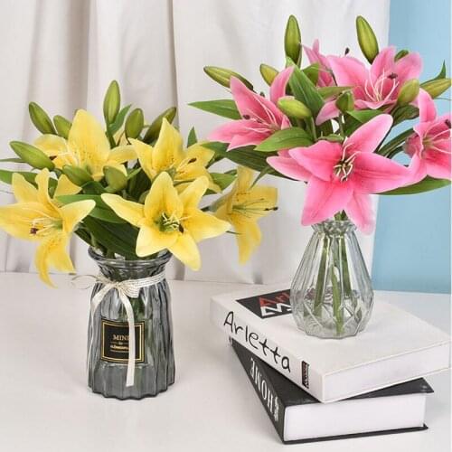 4PCS/LOT PU Mini Lilies Flower Real Touch Wedding Flower Bouquet Artificial Silk Flowers For Home Party Decoration