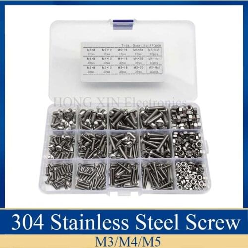 440PCS Stainless Steel Round Head M3 M4 M5 Hex Socket Screws Set Hexagon Nuts & Screw Assorted Kit
