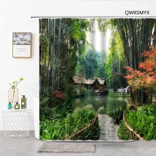 Bamboo Forest Hut Lake Scenery Shower Curtains 3D Natural Landscape Bathroom Decor Curtain Home Background Wall Hanging Cloth
