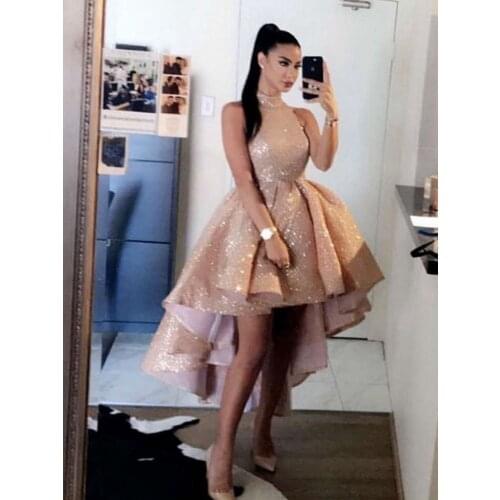 Halter Shining Champagne Prom Dresses Puffy High Low A Line Evening Chic Evening Summer Party Dress Long Satin Lady Gowns