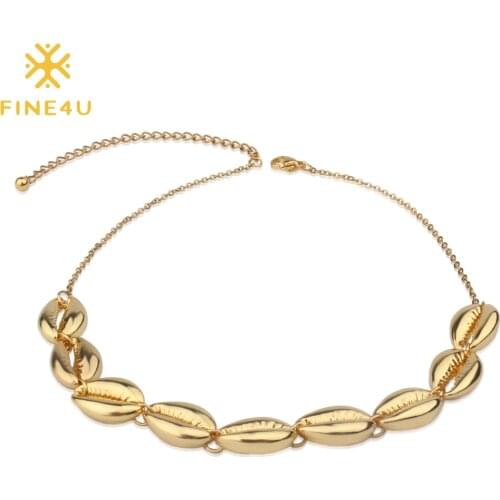 FINE4U N253 Bohemia Beach Jewelry Sea Shell Chokers Necklace Adjustable Stainless Steel Chain Necklace For Women Girl Gifts
