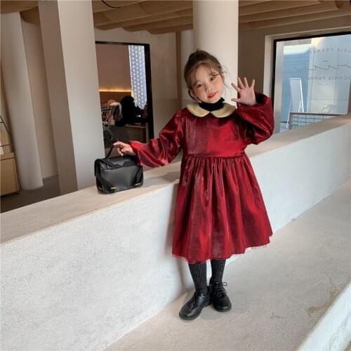 DFXD Elegant Peter Pan Collar Children Dress Winter Girls Plus Velvet Party Princess Dress Christmas Clothes Lace Dress 2-8Yrs