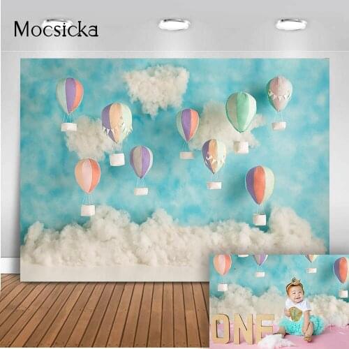 Newborn Kids Portrait Cake Smash Photography Background Hot air Balloons White Cloud Children 1st Birthday Cake Photocall fondo