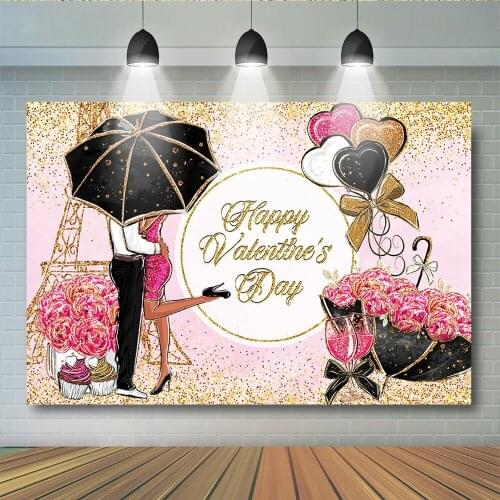 Happy Valentines Day Backdrop Party Decoration Eiffel Tower Photography Background Flower Pink And Gold Balloon Photophone