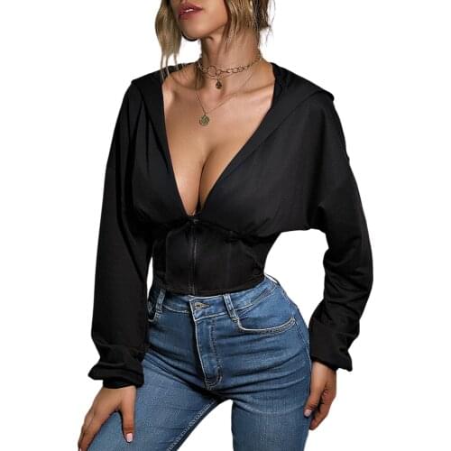 2021 New Style Jackets Autumn Women’s Solid Color Hooded Coat Long Sleeve Deep V-neck Zipper Closure Slimming Waist Cardigan Top