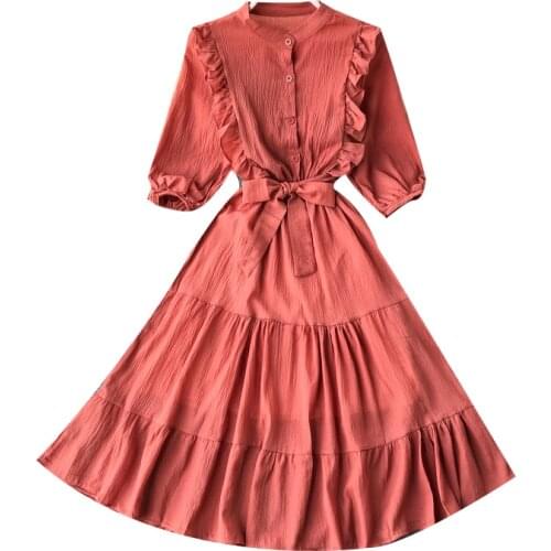 Summer Women Sashes Vintage O-neck Puff Sleeve High Waist A-line Dress Elegant Ladies Fairy Dress Party Club mid-calf Dress