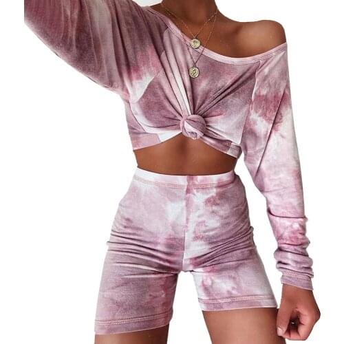 SEBOWEL 2020 Summer Casual Womens Tie Dye Home Clothes Female Lady Long Sleeve Crop Top Shorts Set Indoor Outdoor Loungewear