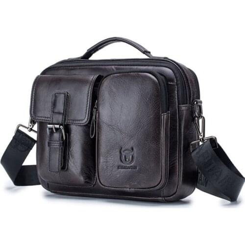 Double zipper pocket small briefcase mens genuine leather shoulder messenger bag men retro first layer cowhide tote bag handbag