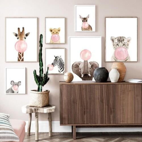 Cute Giraffe Zebra Poster Baby Room Nursery Blow Pink Bubbles Animal Wall Art Canvas Painting Print Picture for Kids Room Decor
