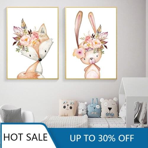 Canvas Painting Woodland Animals Posters Print Fox Deer Rabbit Nursery Wall Art Picture Bunny Poster Nordic Kids Baby Room Deco