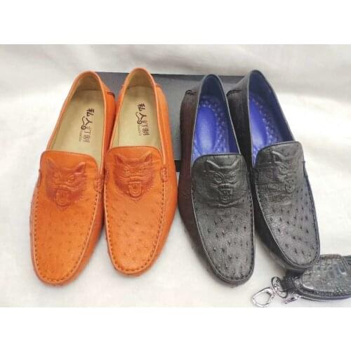 Newly top quality genuine ostrich skin men shoe fashin leisure flat shoe embossed with animal head on the front cow skin lining