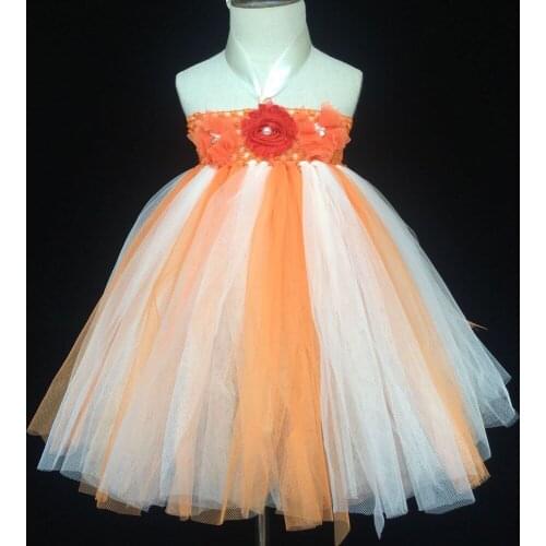 Girls Orange Tutu Dress Kids Fluffy Crochet Tulle Dress Ball Gown with Chiffon Flowers and Headband Children Wedding Party Dress