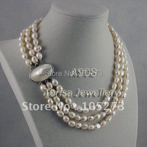New Free Shipping A908# Grade AA 7-8MM 3Rows Length 43-48CM Fashion White Shell Clasp Fresh Water Pearls Necklace