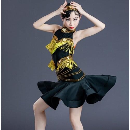 2021 Latin Dance Performance Clothing Children Sleeveless Black Diamond Practice Dress Ballroom Dance Competition Dress DN7969
