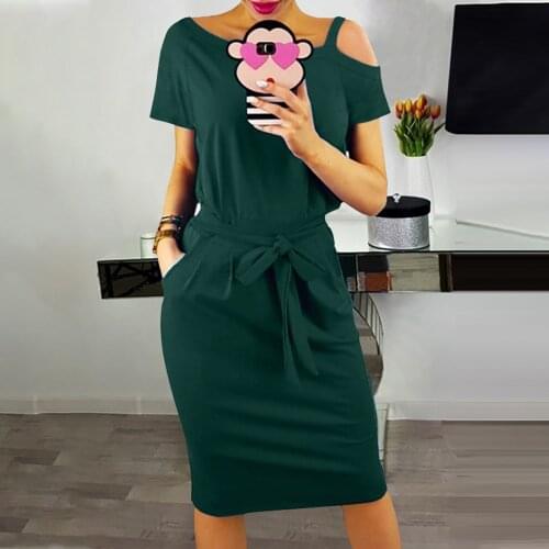 Casual Short Sleeve Summer Dress Women Solid Color Off Shoulder Knee Length OL Dress for Ladies Loose Tunic Dress vestidos D30