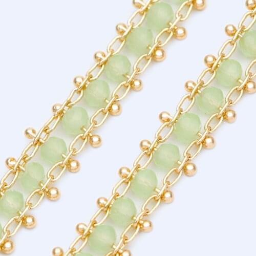 Gold plated Brass Beaded Chain 8mm, Designer Chain with Green Crystal Glass Rondelle Beads (#LK-171-2)/ 1 Meter=3.3ft