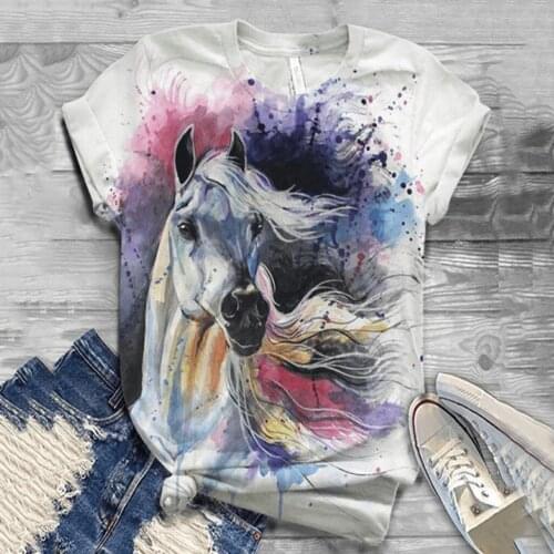Plus Size 3D Animal Printed Women Tee O-Neck Sumemr Tops Tee Horse Prints Top Woman Graphic T-shirt Short Sleeve T-Shirt